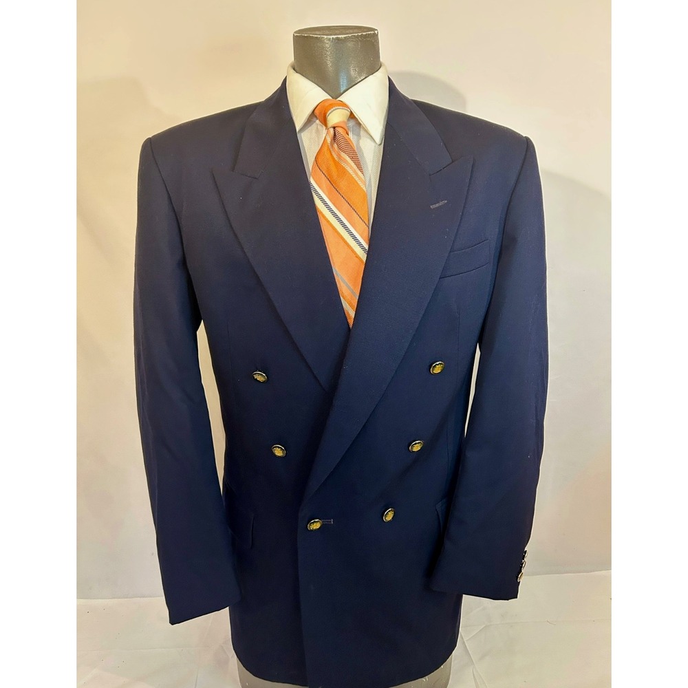 Austin Grey Custom Button Blue Solid 6 Button DB Wool Blazer Sz 41L